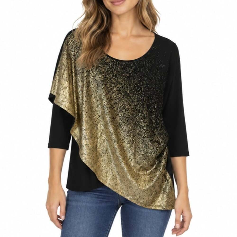 NWT New Directions Asymmetric Metallic Gold Foil Drape Top Black 3/4 Sleeve Scoo